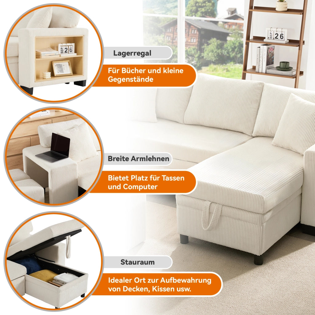 Divano Letto Angolare Convertibile con Contenitore; USB e Tipo C; Ripiano Laterale; in Velluto a Coste Beige