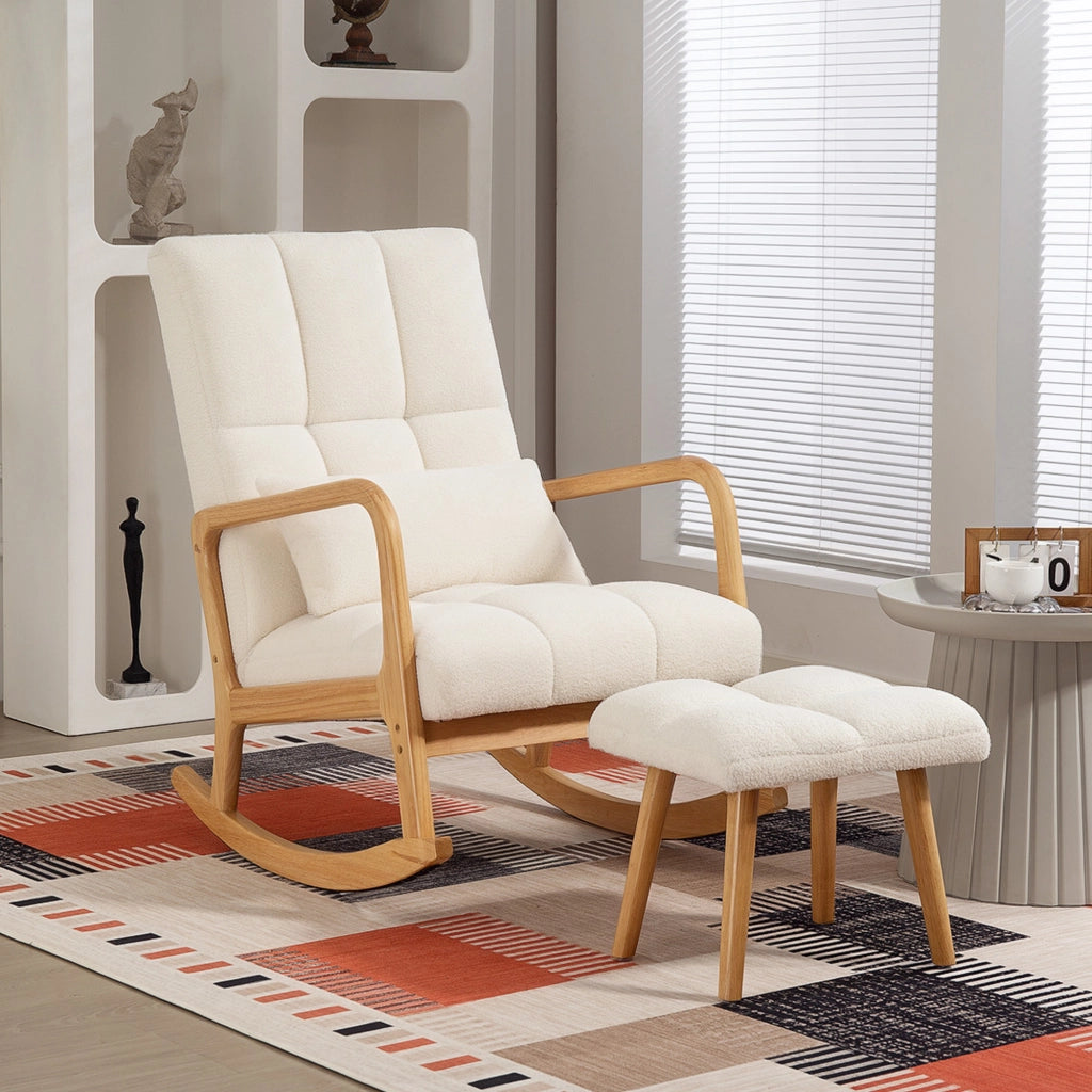 Poltrona a Dondolo con Poggiapiedi in Tessuto Boucl¨¦ e Gambe in Legno ¨C Minimal ¨C 64.5x82x89 cm Bianco