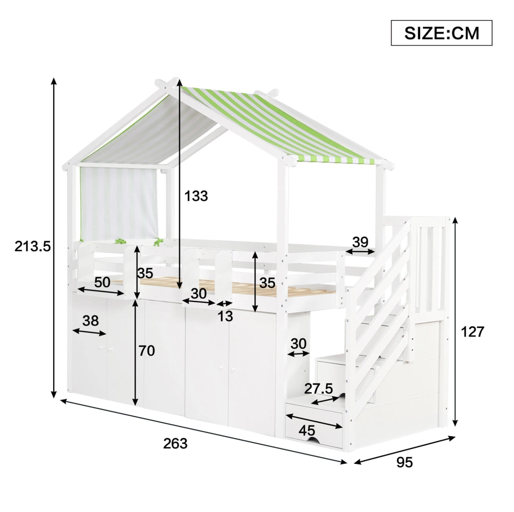 Letto a castello ULEVR 90x200 cm con scala contenitore, armadio e vani, bianco e verde