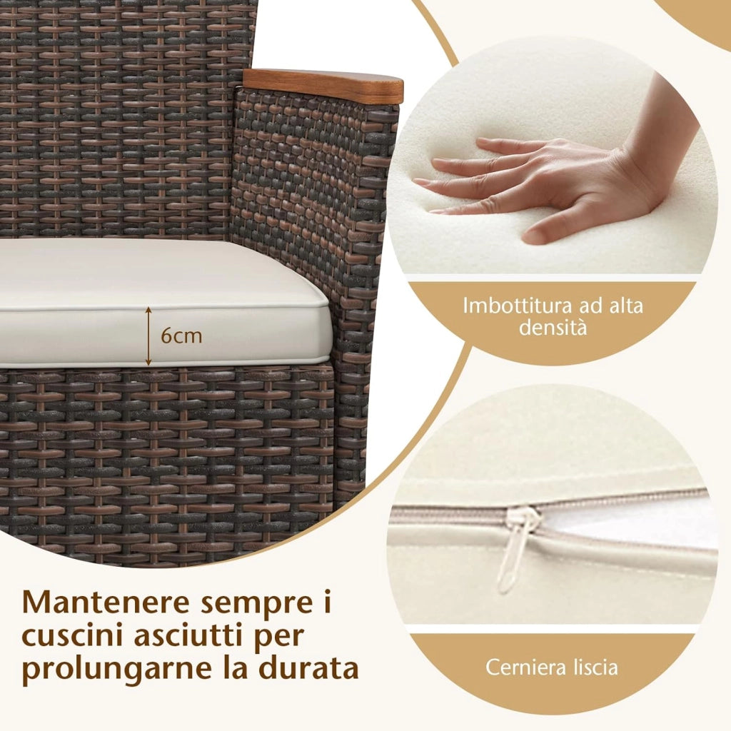 7 Pezzi Set di Mobili da Pranzo, Set Mobili da Giardino in Rattan PE con Piano in Legno di Acacia, 6 Sedie Impilabili e Cuscini Impermeabili, per Giardino Piscina e Cortile