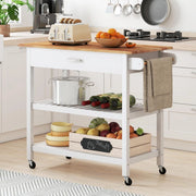 Carrello da cucina con piano di lavoro, armadio da cucina con ruote, carrello da portata con cassetto e 2 ripiani aperti, carrello da cucina con portasciugamani, mobile da cucina, in legno