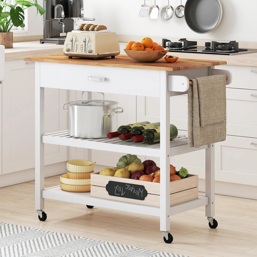 Carrello da cucina con piano di lavoro, armadio da cucina con ruote, carrello da portata con cassetto e 2 ripiani aperti, carrello da cucina con portasciugamani, mobile da cucina, in legno