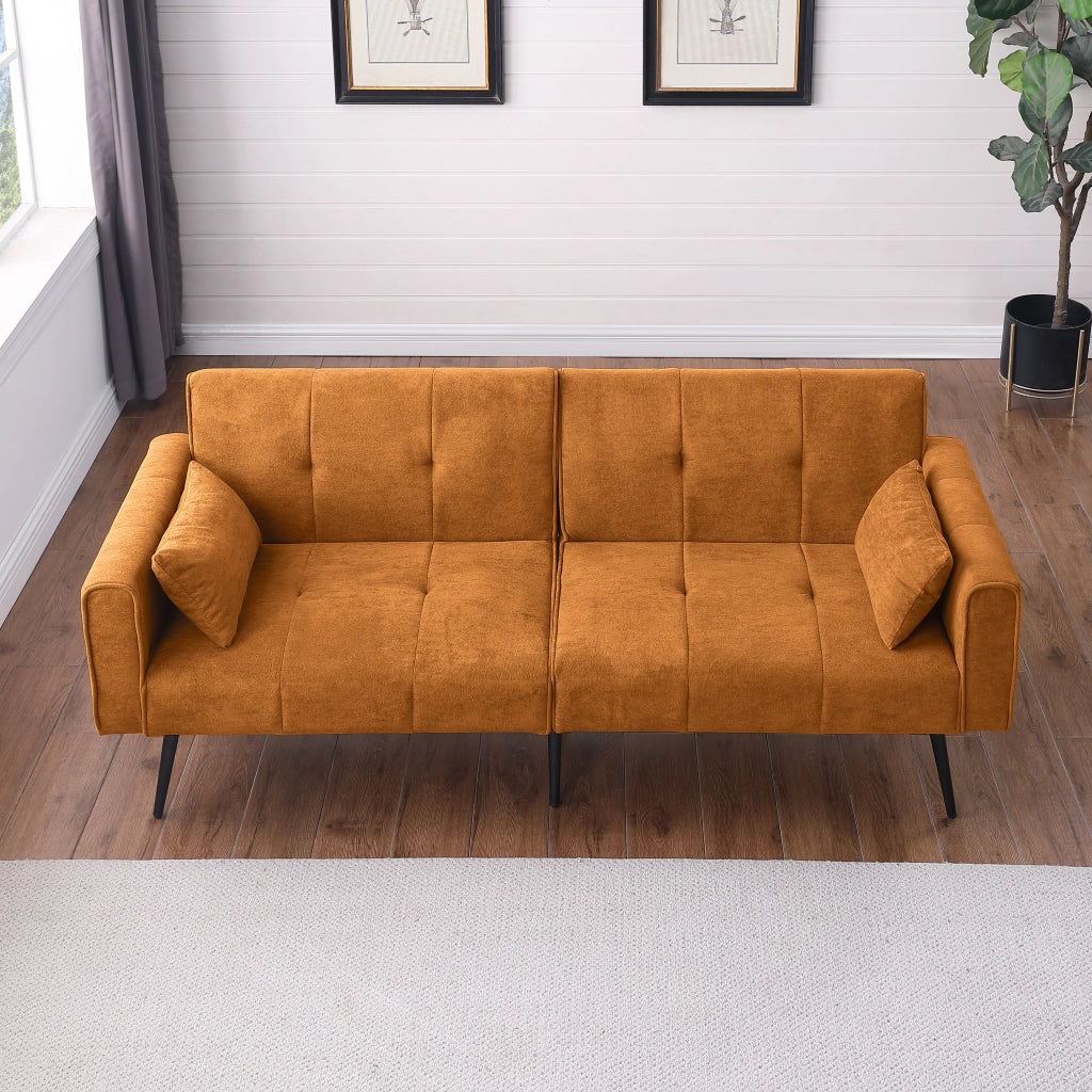 Divano letto futon pieghevole con struttura in legno e piedi in metallo in tessuto a coste arancione per salotto e studio