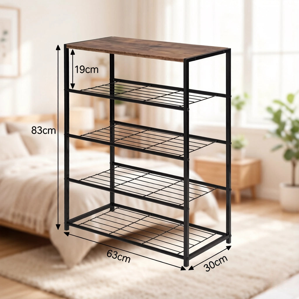 Scarpiera aperta a 4 ripiani in MDF e acciaio, stile industriale, 30 x 63 x 83 cm, nera/rustic brown