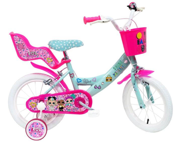Bicicletta per Bambina 14" 2 Freni  Lol Verde Marine e Rosa