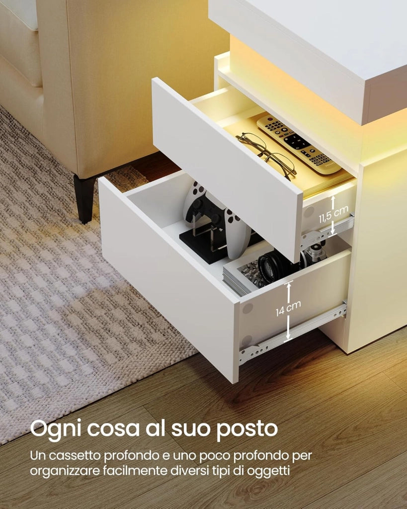 VASAGLE KAILYN Collezione - Comodini con Multipresa, Set di 2, Tavolini con Piano Scorrevole, 2 Cassetti, Striscia LED, Stile Moderno, 35 x 40 x 55 cm, Bianco Neve LET840WB01