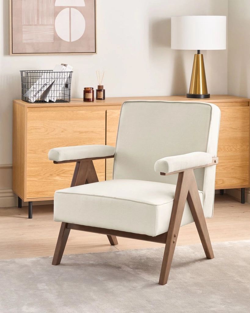 Poltrona Beige Tessuto poliestere Rivestimenti Design retrò Struttura in legno Braccioli Soggiorno