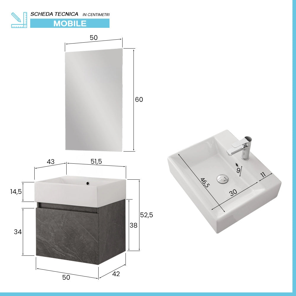 Mobiletto bagno sospeso 50 cm salvaspazio pietra 1 anta Kira