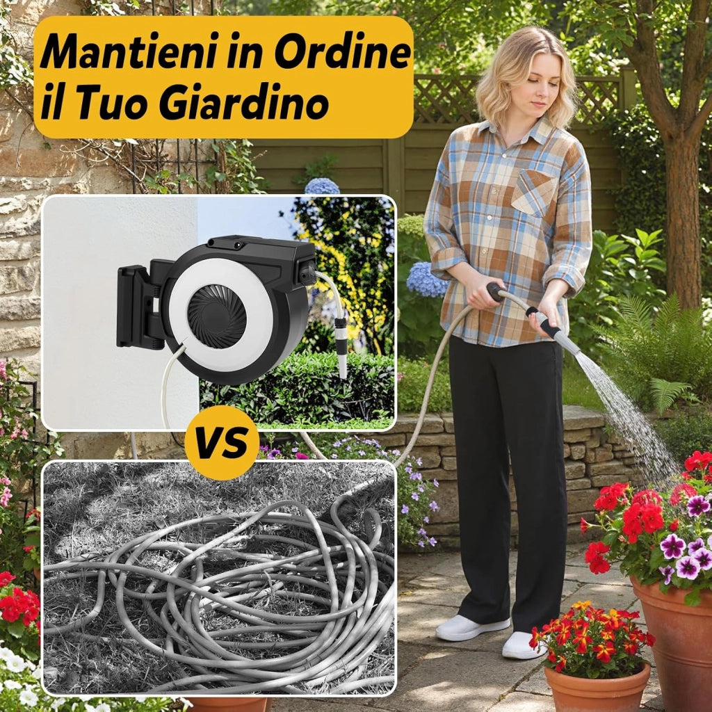 Avvolgitubo da Giardino Automatico a Muro, Tubo in PVC 30 M con Tubo di Alimentazione 2 M, Supporto Girevole a 180°, Ritorno Lento, Avvolgitubo Acqua Retrattile con Ugello Spray (30 M)
