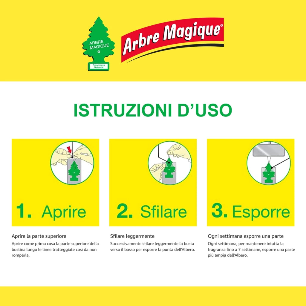 Profumatore Auto, Durata fino a 7 Settimane, Made in Italy, 6 Unità, Muschio Bianco, Arbre Magique
