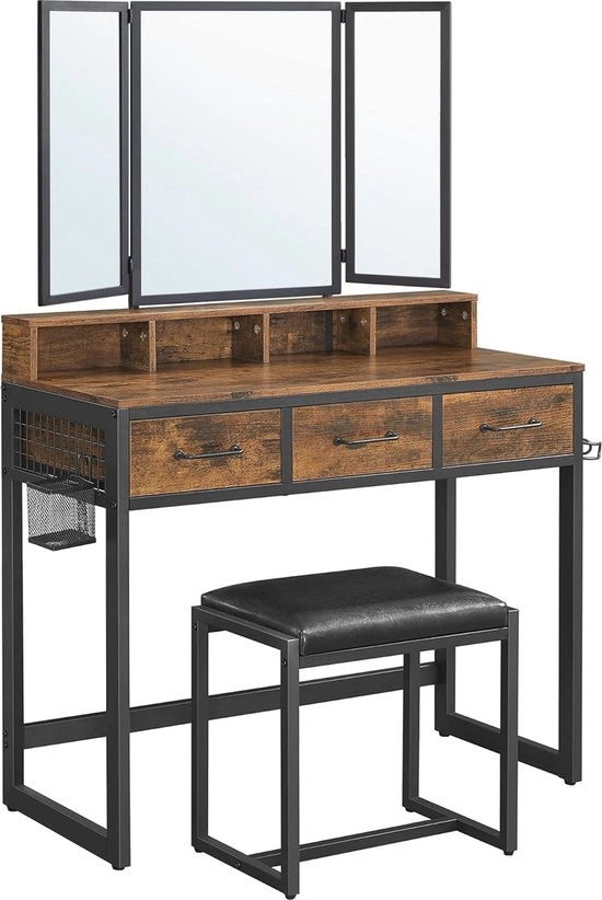 Scaffale con Triplo Specchio e Comparto di Stoccaggio – Stile Industriale, Cotto Rustico e Nero