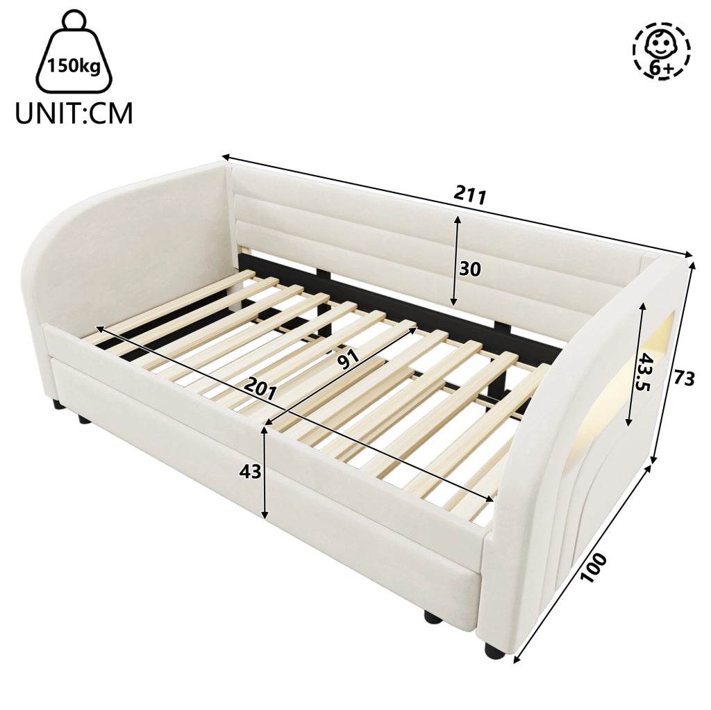 Letto 90x200 cm con letto estraibile e LED in flanella beige