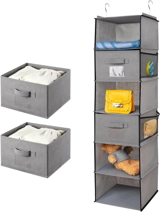 Cassettone per Abbigliamento con Organizzatore a Scomparsa - Ripiegabile - 6 Comparti - 2 Livelli - Grigio - 30 x 30 x 110 cm