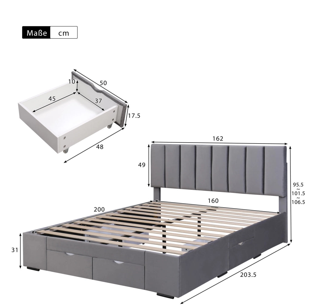 Letto imbottito 160x200 cm in velluto grigio con 4 cassetti