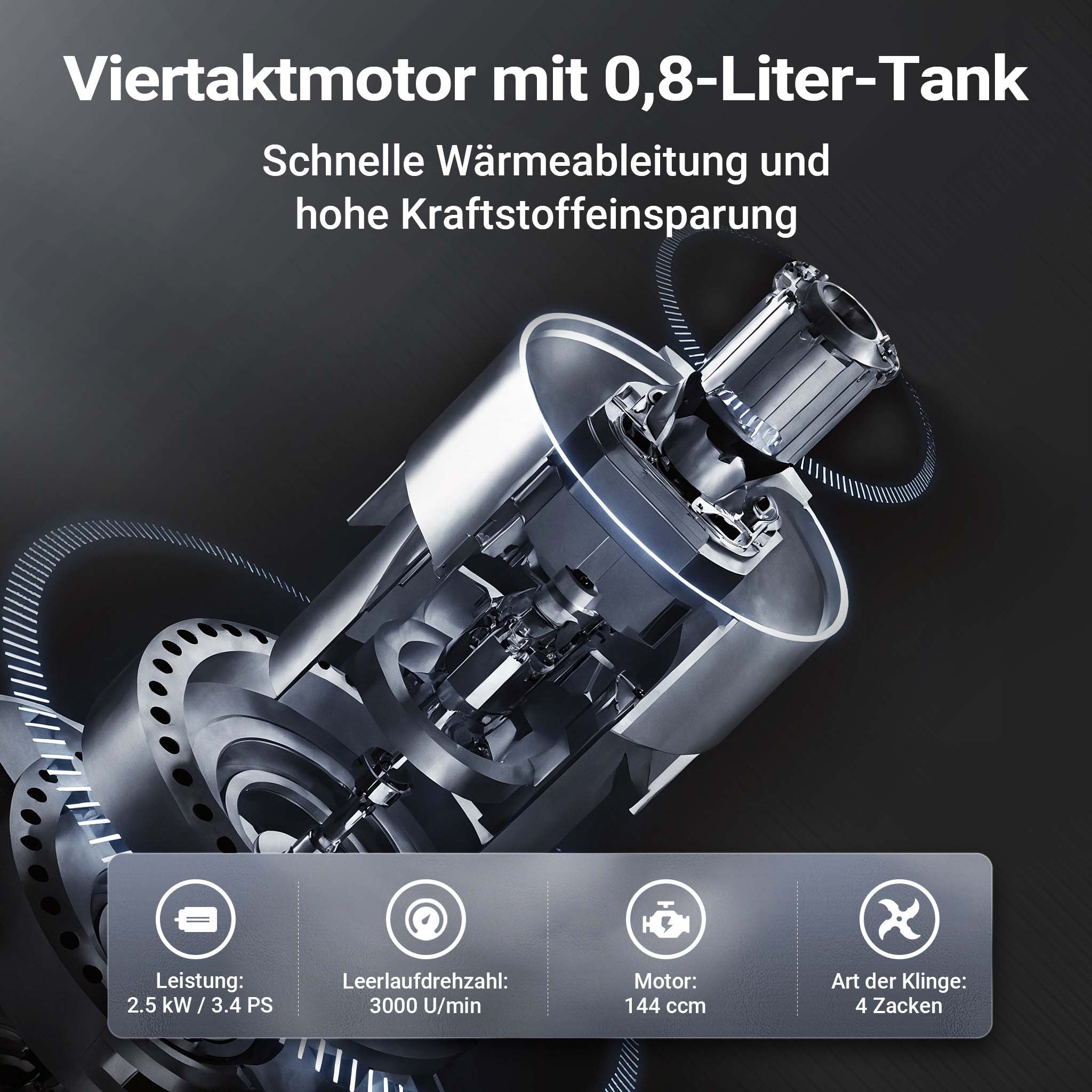 Motozappa a scoppio, fresa a scoppio, larghezza di lavoro 36 cm, profondità di lavoro 25 cm, motore a benzina a 4 tempi, 2,5 kW, 144cc , 4 set di lame