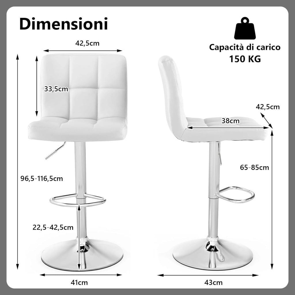 Set Sedie da Bar in Ecopelle con Altezza Regolabile, Seduta Girevole a 360°, Poggiapiedi e Base Metallica Antiscivolo, Sgabelli da Pranzo per Isola Cucina Bar, Portata 150 kg(Bianco,2)