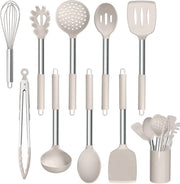 Set di Cucina a Silicone da 10 pezzi con Maniglia in Acciaio Inox, Resistente al Calore
