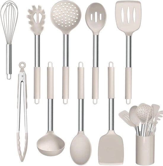 Set di Cucina a Silicone da 10 pezzi con Maniglia in Acciaio Inox, Resistente al Calore