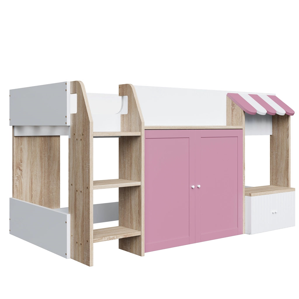 OKWISH Letto a soppalco bambino 90×200 cm, Letto Singolo con Scala Larga, Contenitori e Mensole, senza Materasso, in Legno, Rosa e Bianco