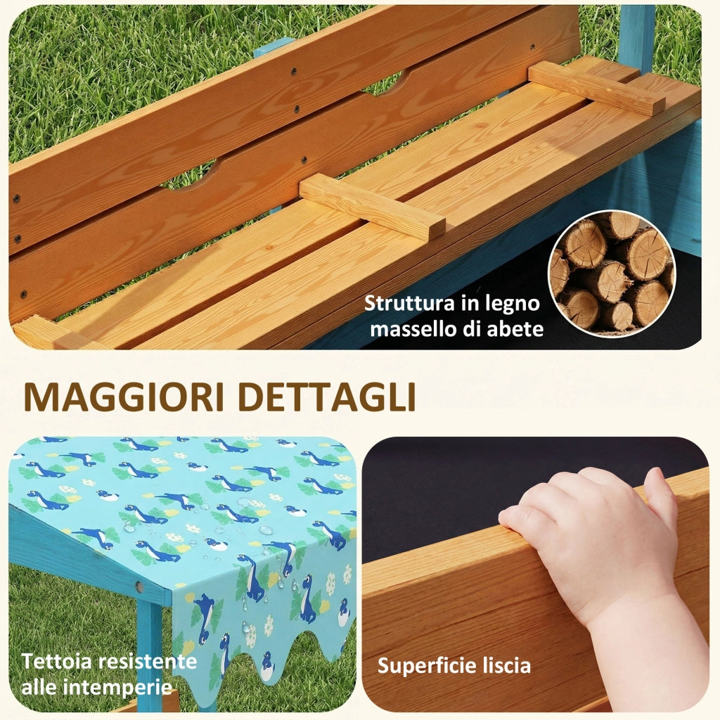Sabbiera per Bambini 3-6 Anni 134,5x127,5x130 cm con Tettuccio Dinosauri Sedute Pieghevoli Coperchio e Fodera in Legno
