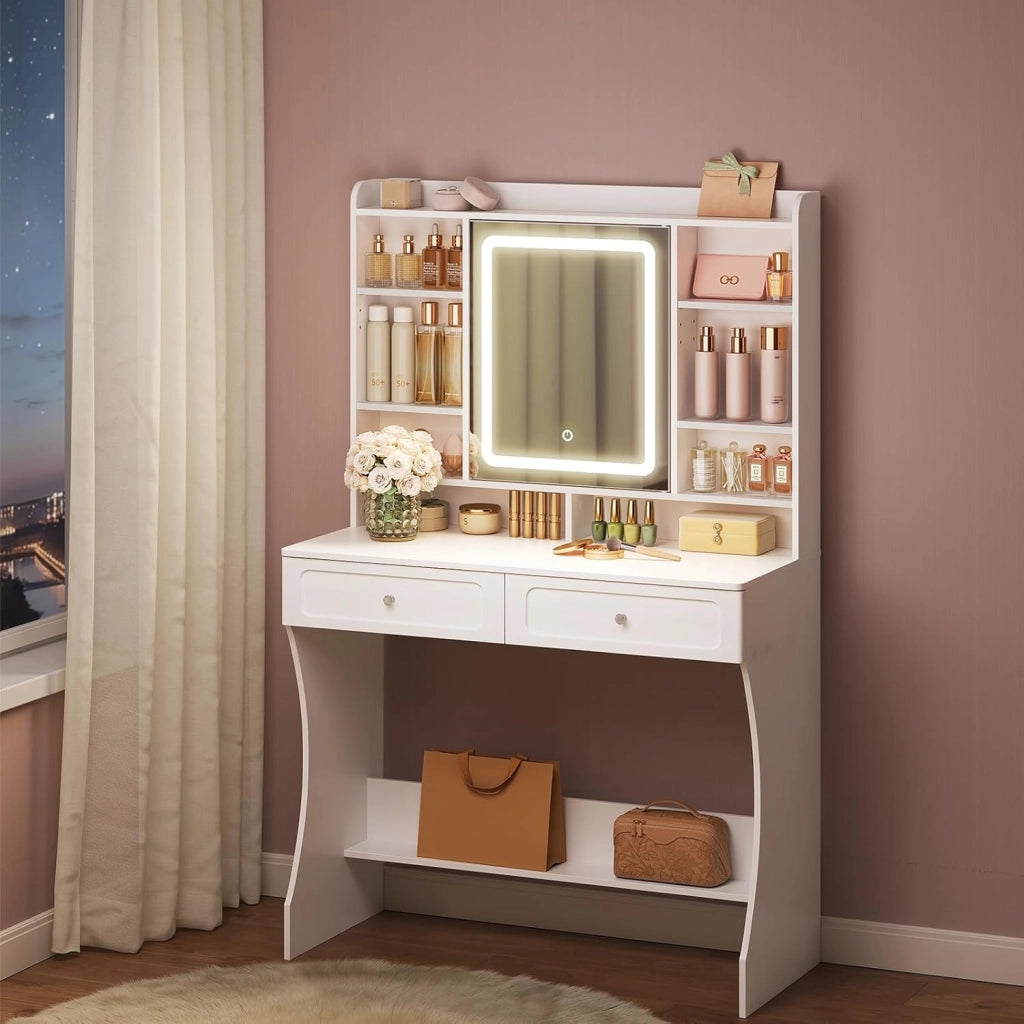 Toeletta Trucco con Specchio e Luce, Illuminazione Regolabile in 3 Colori, Postazione Trucco con 2 Cassetti, 8 Scomparti Aperti e Armadietto, per Camera da Letto, Cabina Armadio, Bianco
