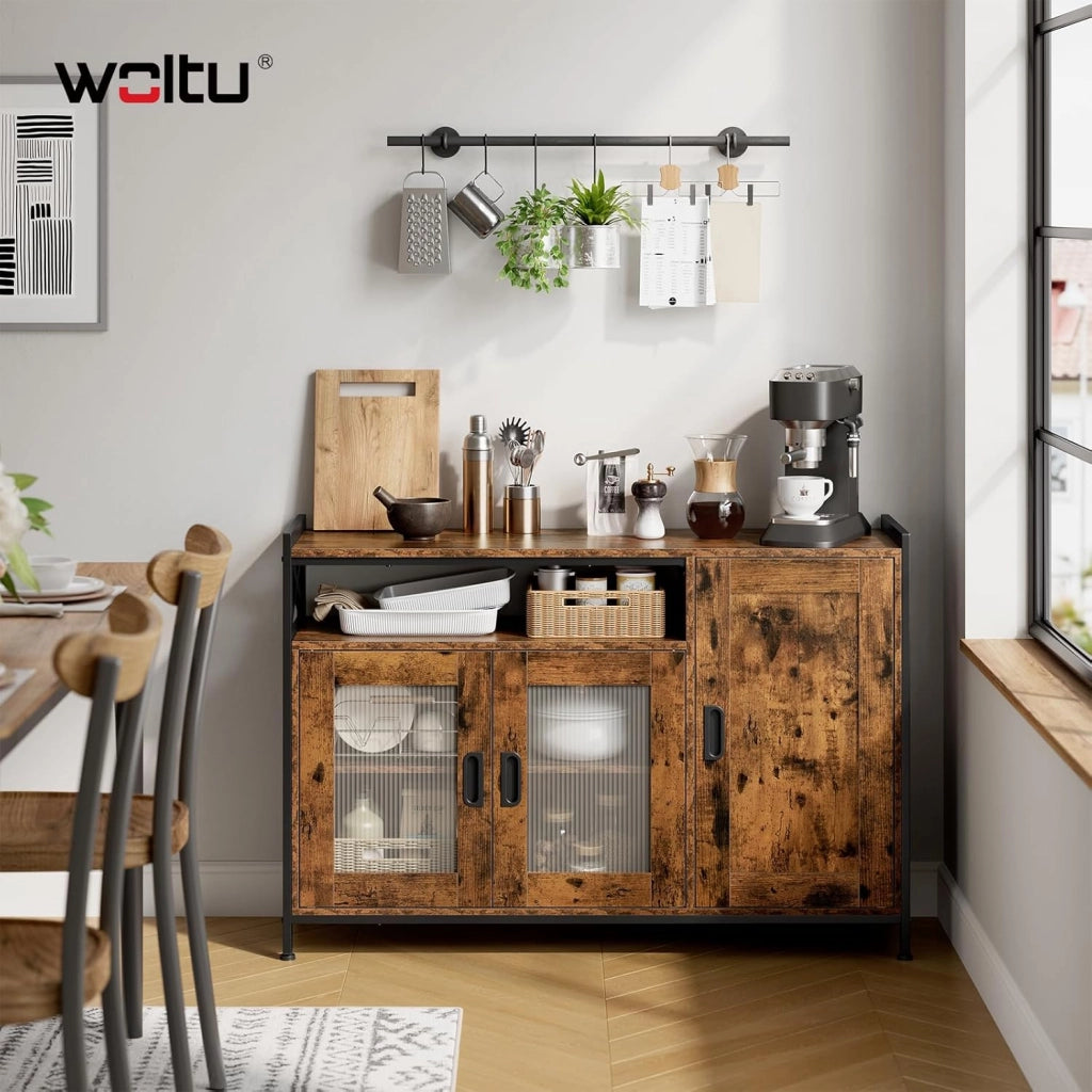 Credenza Cucina con 3 Ante, Mobile Buffet Salvaspazio con 2 Ripiani Regolabile, in Legno e Metallo, per Cucina, Soggiorno, Ingresso, 110x33x75 cm, Marrone Rustico