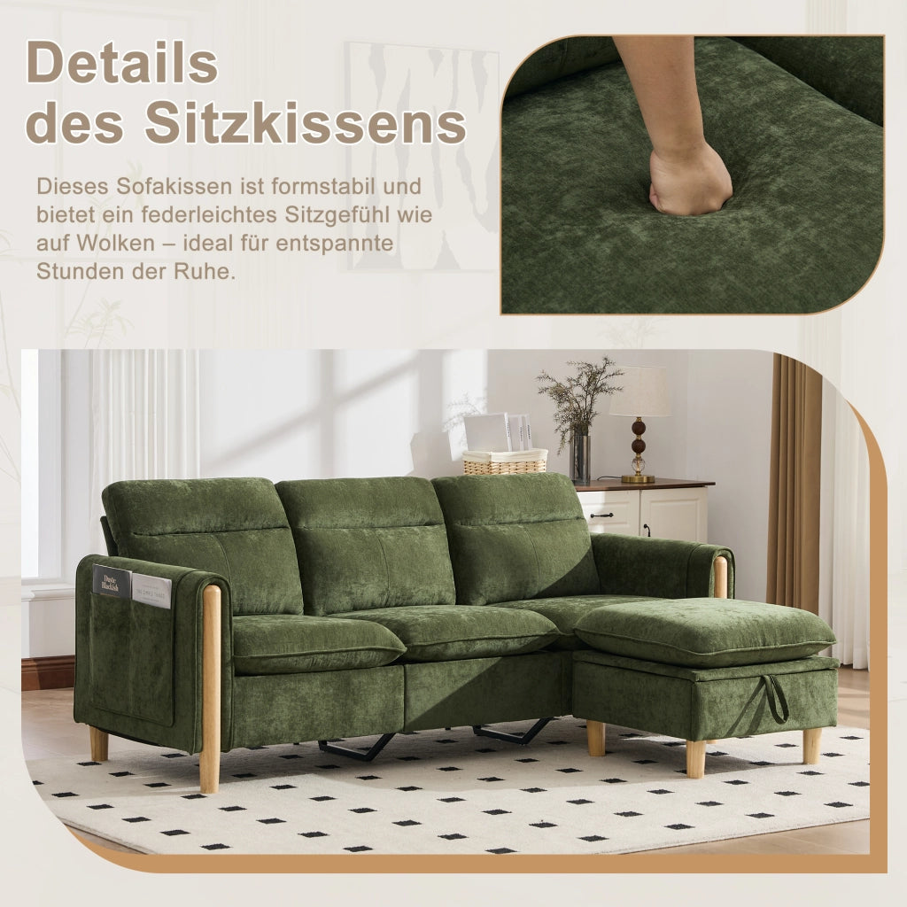 Divano ad angolo con pouf contenitore e tasche laterali chaise longue reversibile in ciniglia verde 201 × 77 × 86 cm