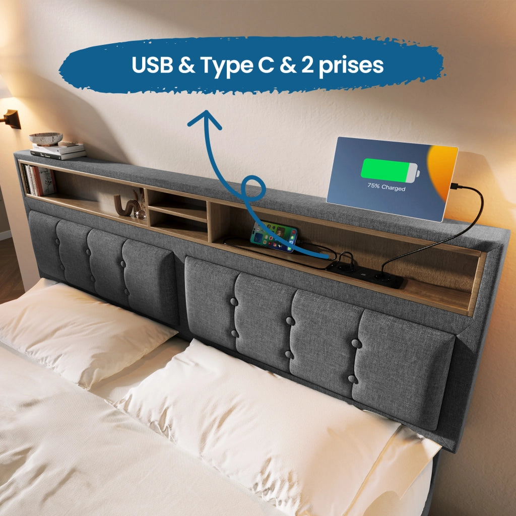 OKWISH Letto con Cassetti Letto Matrimoniale, 4 Cassetti, USB, Tipo C e Prese, 140×200 cm, senza Materasso, in Lino, Grigio