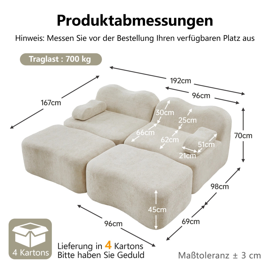 Divano modulare beige in velluto, design senza struttura antiscivolo