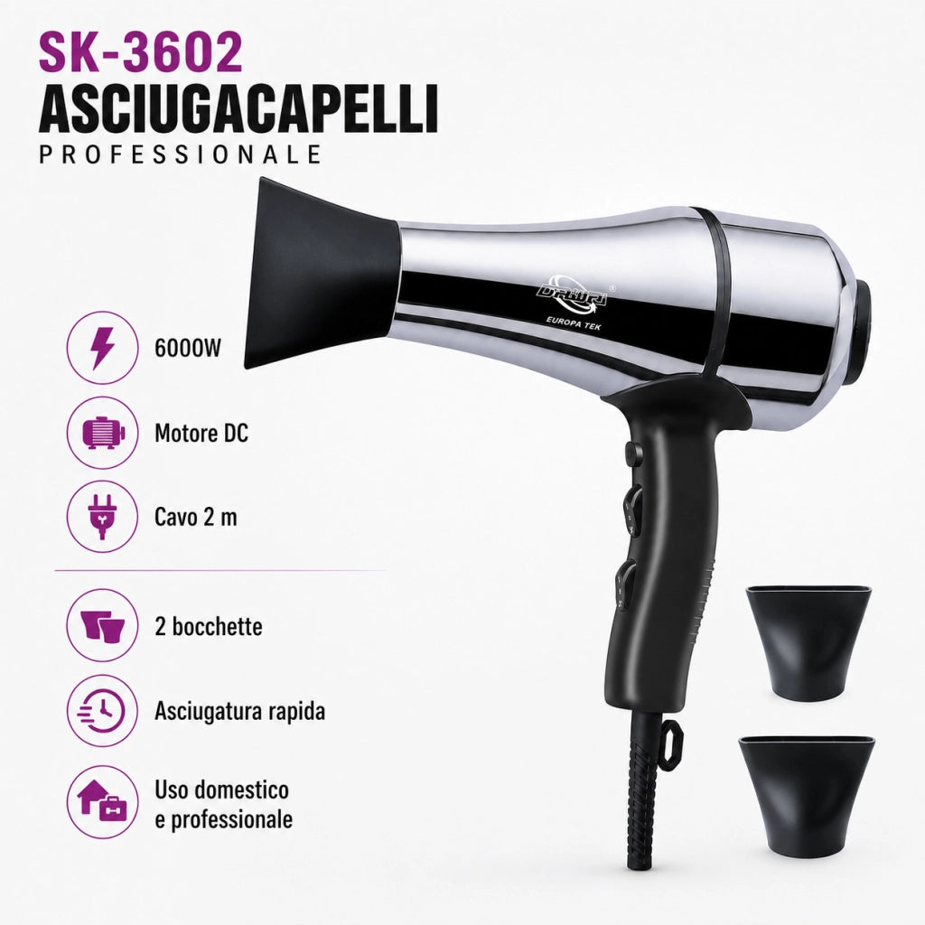 ASCIUGACAPELLI PROFESSIONALE 6000W PHON IONICO CON 2 BOCCHETTE CAPELLI SK-3602