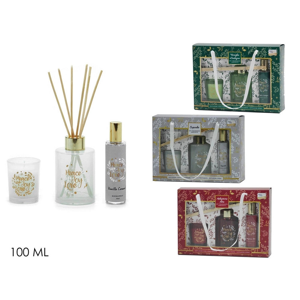 Trade Shop - Set Diffusore Fragranza 100ml Con 6 Bastoncini Candela Profumata Spray Ambiente Natalizio -