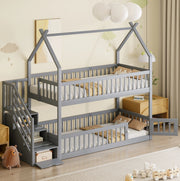 Letto a castello per bambini 90x200 cm in legno massiccio con tetto, scala con cassetti e design salvaspazio