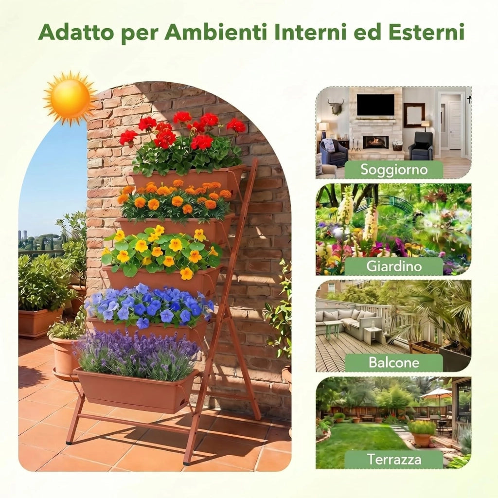 Fioriera Verticale a 5 Livelli, Orto Rialzato a Scaletta da Interno e Esterno, Scaffale Porta Piante Salvaspazio in Metallo con Fori di Drenaggio e 5 Sottovasi Rimovibili (Terracotta)