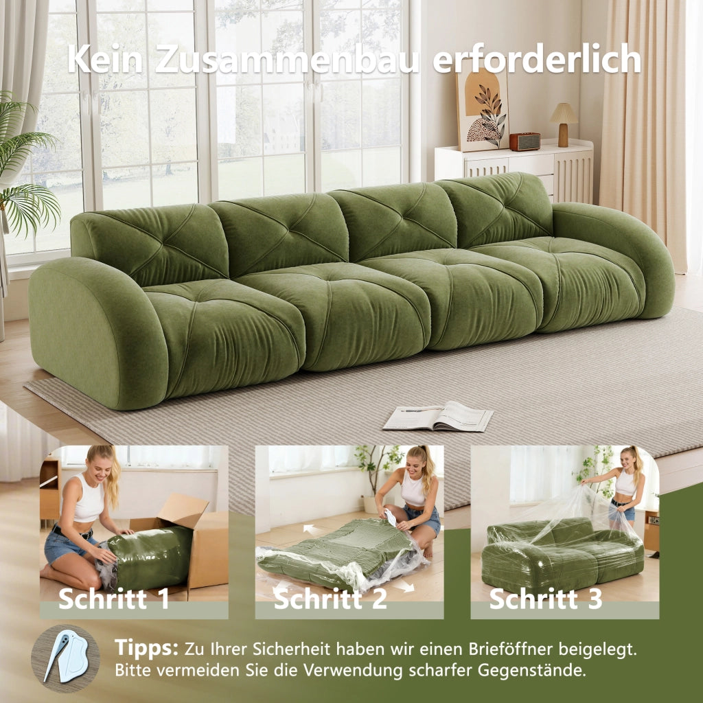 Divano modulare senza telaio a quattro posti in ciniglia antiscivolo verde 358 × 95 × 76 cm
