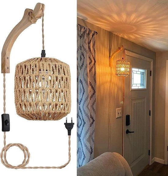 Lampada da parete in legno, Lampada da parete vintage con ombra in rattan intrecciato, Illuminazione da parete retro con interruttore e presa, Stile country, Stile rustico, Ideale per camera da letto, Ideale per soggiorno (Senza lampada a incandescenza)
