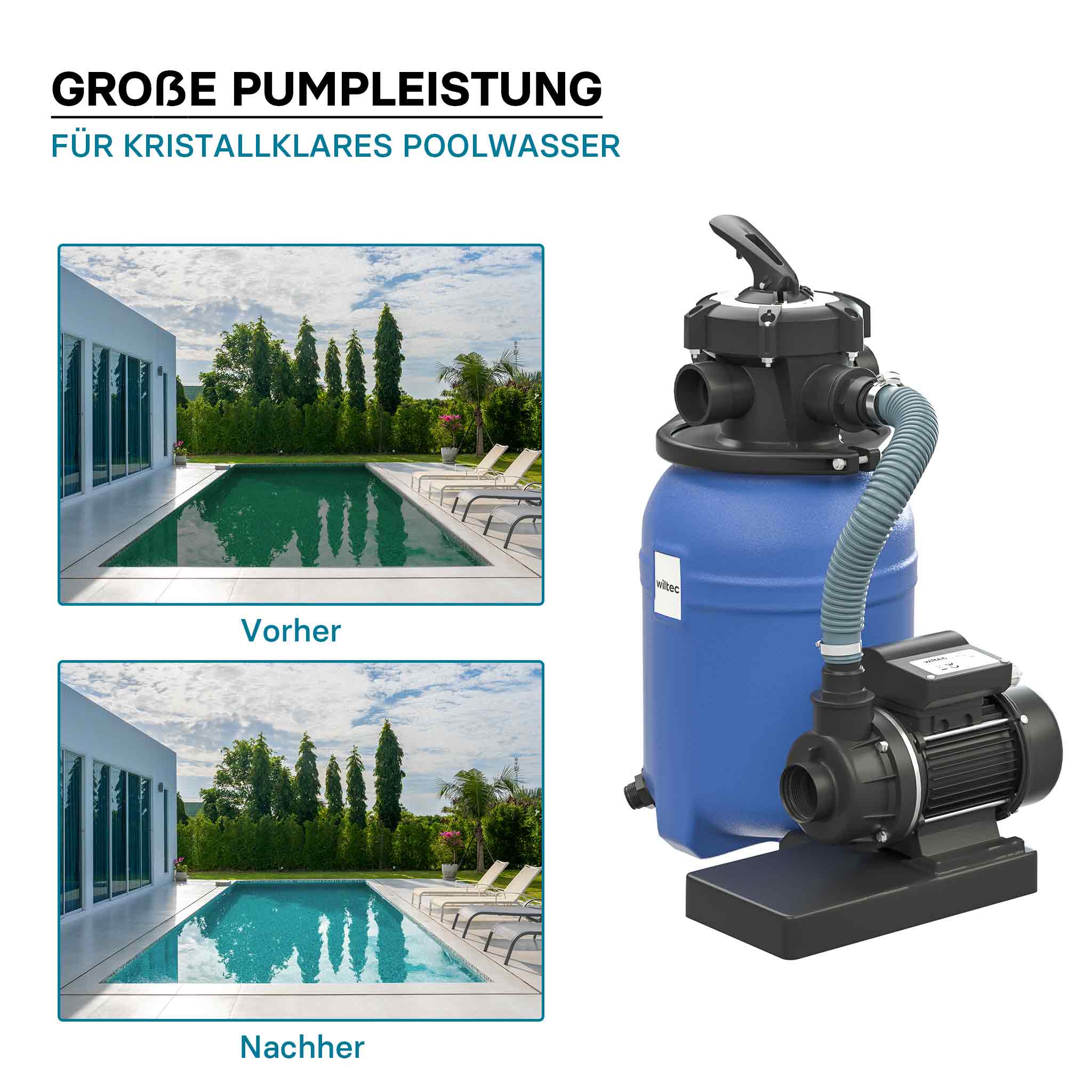 Filtro a sabbia per piscina, 180 W, serbatoio filtrante 14 l, pompa piscina autoadescante 9.000 l/h