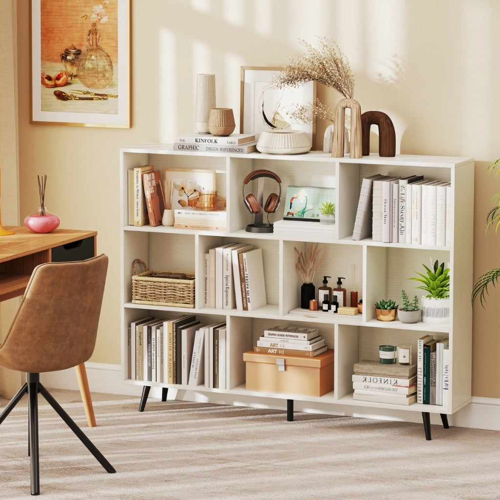 Organizzatore di stoccaggio moderno con 5 gambe di metallo affusolate, Libreria a 10 cubi studio camera da letto Bianco-Librerie