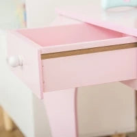 Tavolo Trucco per Bambini con Sgabello in Legno, Toeletta con Specchio e Cassetto, 60x36x88cm, Rosa