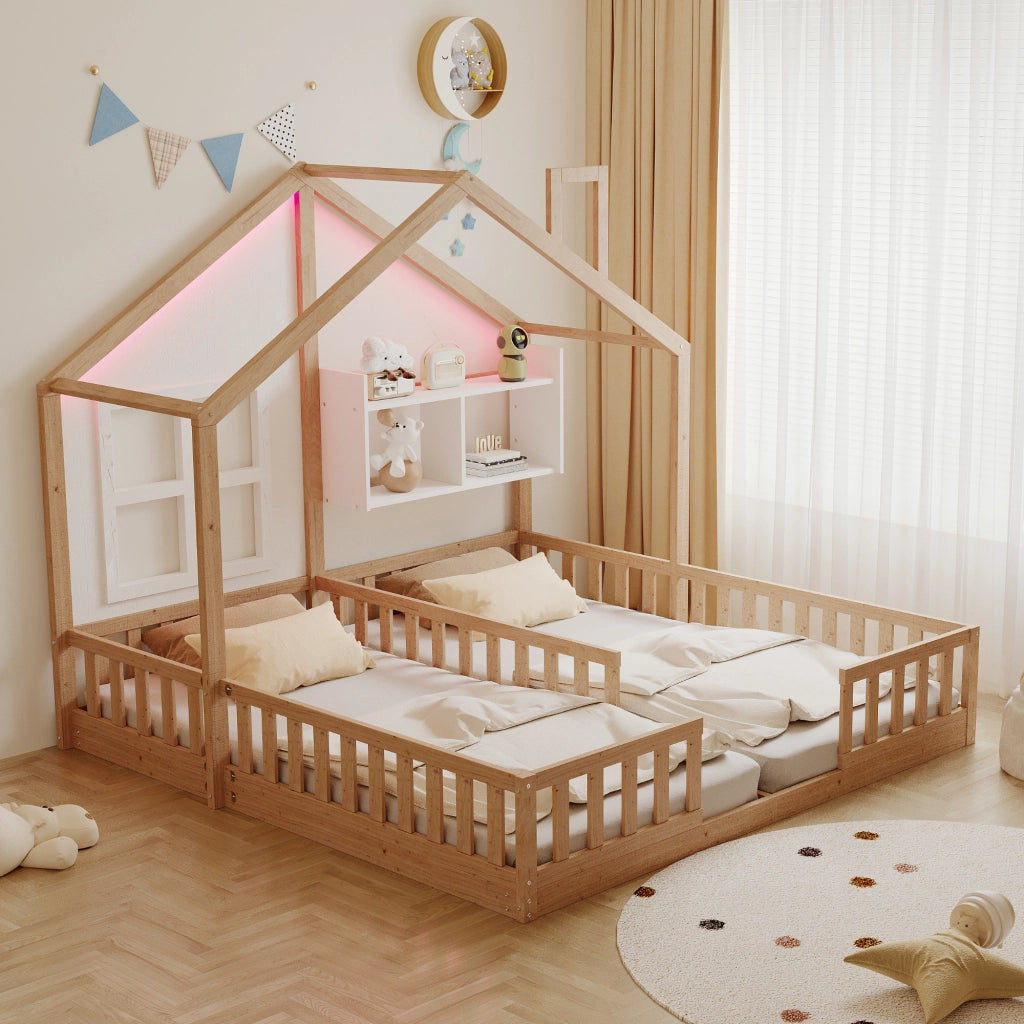 Letto per bambini a forma di casa con LED e doghe, 90x200 cm, legno