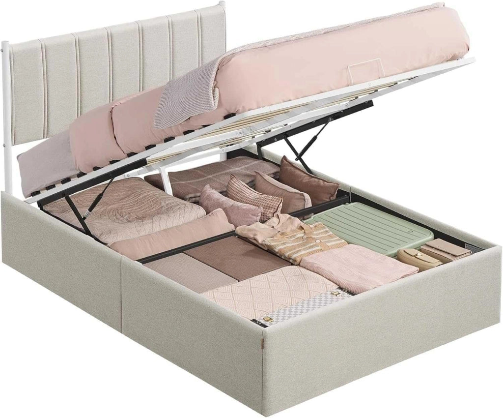 VASAGLE Struttura Letto, 140 x 200 cm, Letto Sollevabile con Contenitore, Testiera, Sollevamento Idraulico, Moderno e Semplice, Montaggio Facile, Beige Cappuccino RMB614LH01