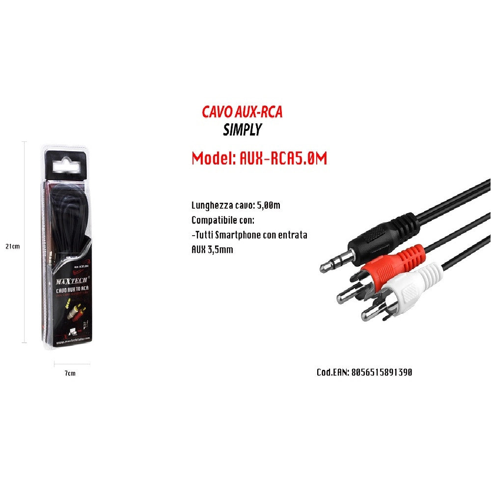 Trade Shop - Cavo 5m Audio Da Jack 3,5mm Aux A 2 Rca Maschio Doppio Y Stereo 5 Mt Aux-r5.0m -