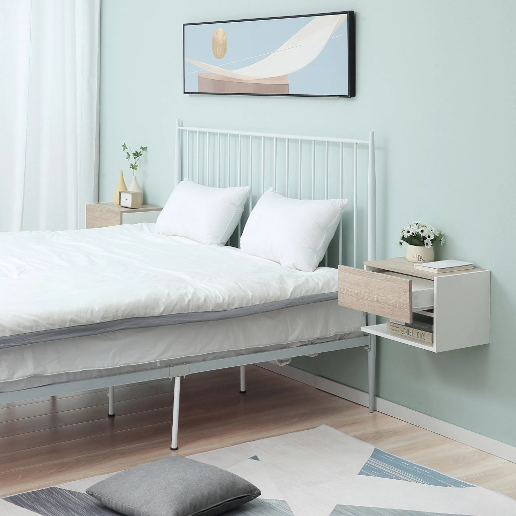 EasyComfort Set di 2 Comodini Sospesi a Parete con Cassetto e Mensola, Arredamento Moderno Camera da Letto, Bianco e Rovere