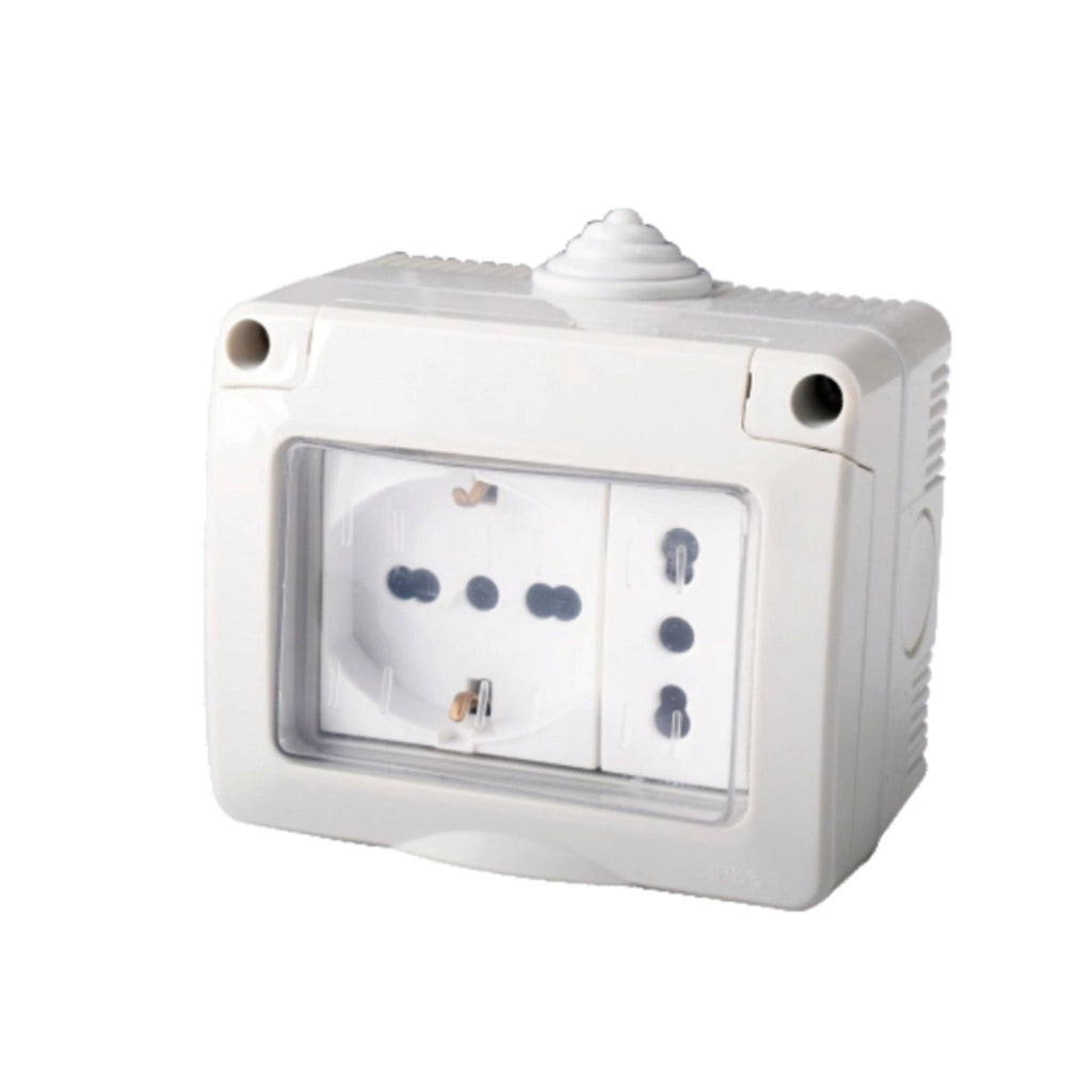 Kit Contenitore Cassetta Elettrica Esterna 1 Presa Schuko Universale +1 Presa Bipasso Con Coperchio Stagno IP55, Montaggio Da Parete Esterno,Omologato IMQ