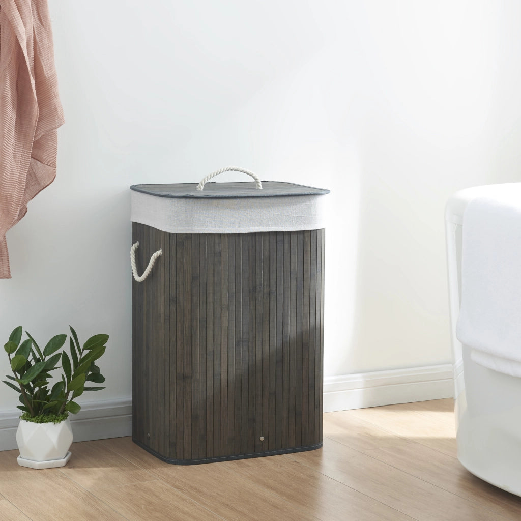 Cesto Portabiancheria Salla con Coperchio e Sacco Rimovibile 72 L Bambù - Blu scuro / Grigio [en.casa]