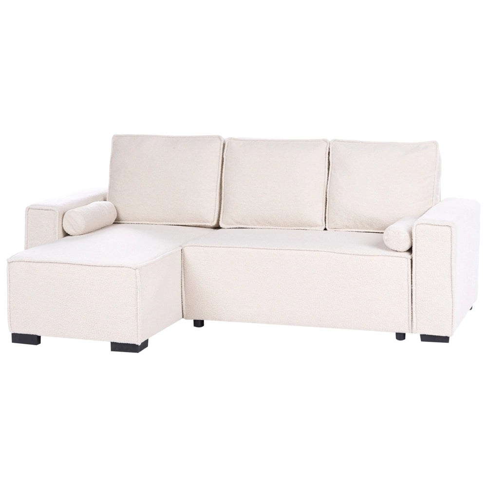 Divano letto angolare a 3 posti rivestimento in bouclé verde chiaro a destra con braccioli contenitori reversibile stile moderno per soggiorno