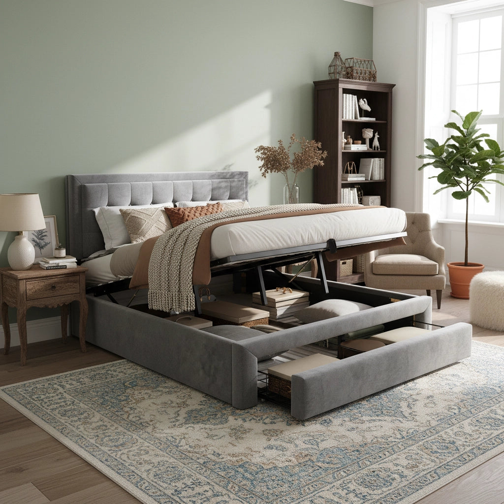 Letto imbottito matrimoniale con contenitore e cassetti, velluto grigio, 140 x 200 cm