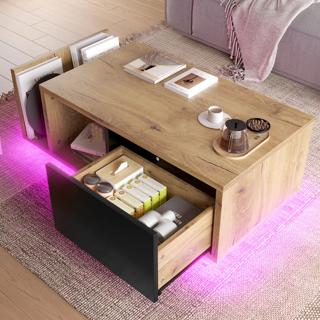 Tavolino basso con LED, 1 cassetto e vano aperto, stile retro, per soggiorno, in legno ingegnerizzato, naturale