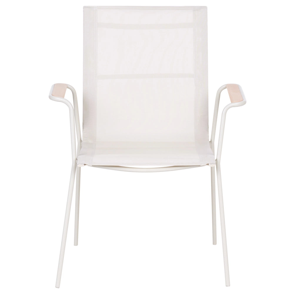 Set da pranzo da giardino a 4 posti con struttura in acciaio color beige chiaro, sedie in rete, piano in vetro temperato impilabile