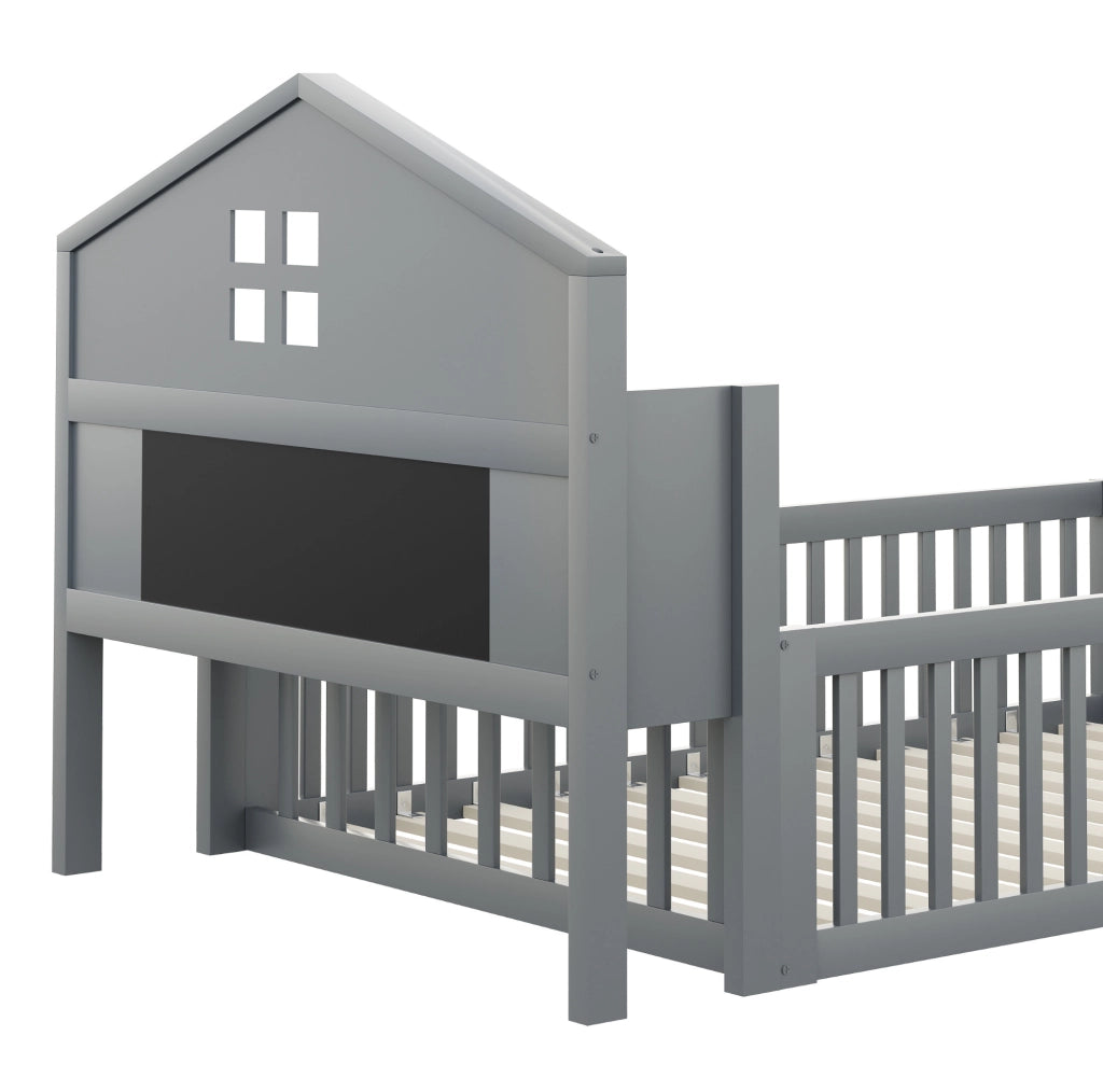 Letto a pavimento per bambini 90x200 cm grigio con lavagna, ripiani e barriera