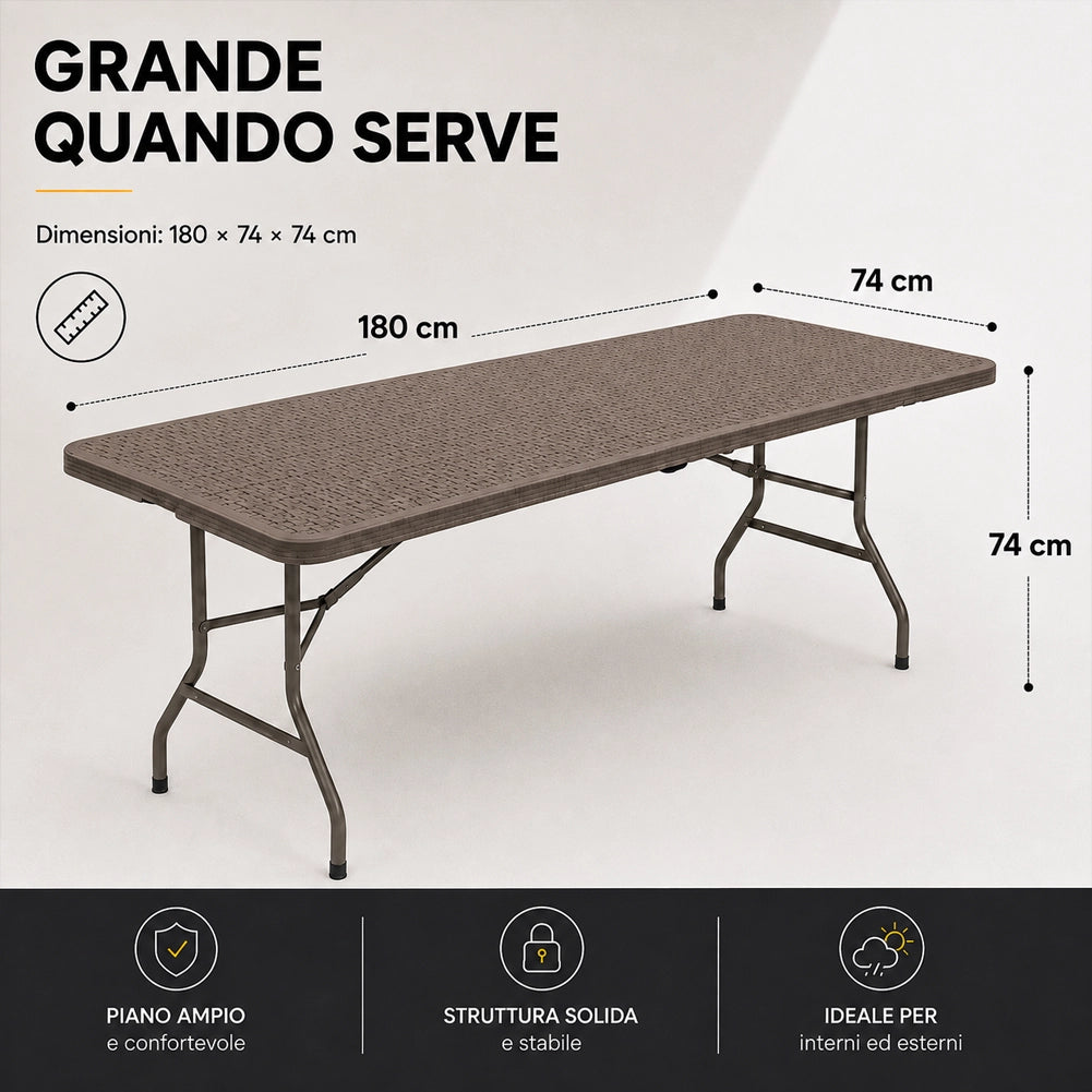 Tavolo Pieghevole Tortora Polyrattan Resistente Tavolino da Esterno 180x74x74cm